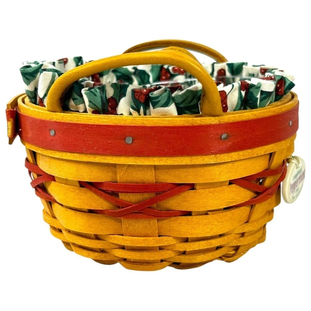 Longaberger PEPPERMINT Tree Trimming Basket Red 1999 w/ Protector Liner & Tie-on